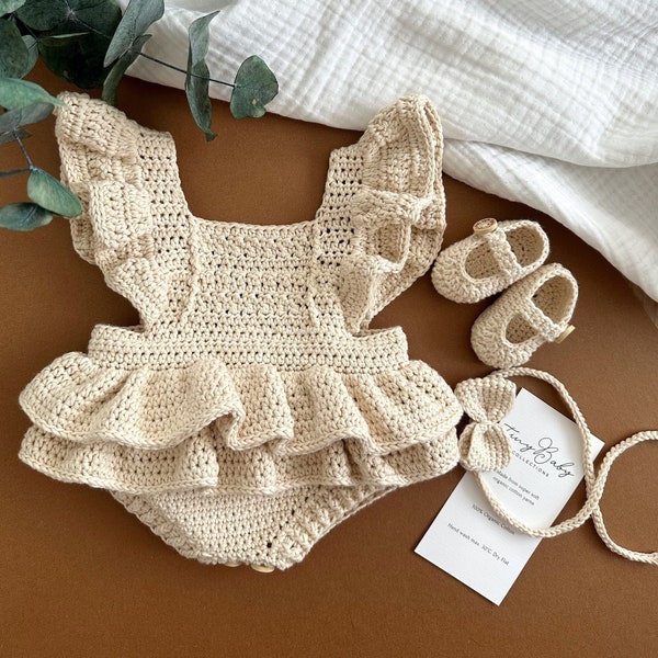 Baby Girl Ruffle Romper, Newborn Photography Prop, Baby Girl Crochet Dress, Crochet Baby Girl Shoes,  Infant Girl Outfit, Baby Girl Clothes