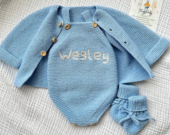 Personalized Hand Embroidered Name Baby Romper, Knitted Newborn Outfit, Custom Baby Name Outfit, Knit Newborn Outfit Set