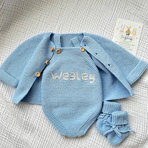 Personalized Knit Baby Outfit: Embroidered Organic Cotton Newborn Set