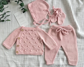 Hand Knitted Organic Cotton Baby Outfit: Newborn Coming Home Set