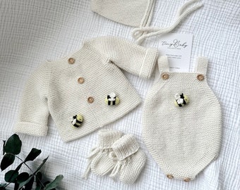 Knit Newborn Outfit, Honey Bee Knit Baby Outfit, Newborn Baby Coming Home Outfit, Knitted Baby Clothes, Organic Cotton Baby Outfit