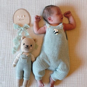 Cuddle and Kind Honey Bear Matching Outfit:  Organic Cotton Ribbed Jumpsuit with Crochet Bee