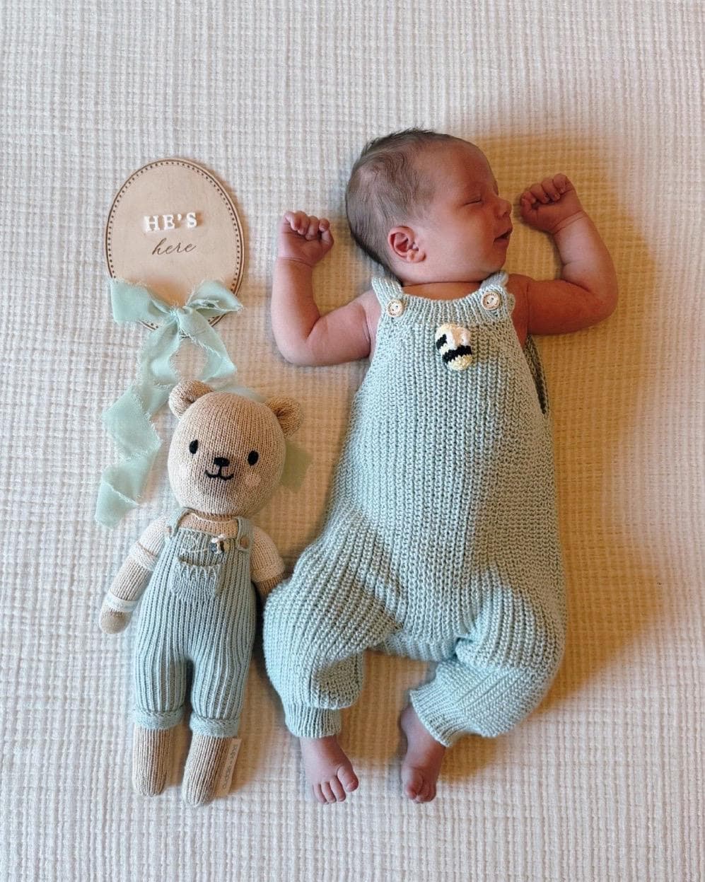 Cuddle and Kind Honey Bear Matching Outfit: Organic Cotton Ribbed Jumpsuit  with Crochet Bee
