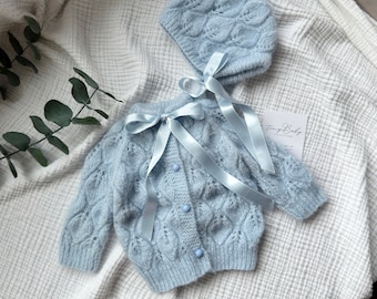 Knit Baby Cardigan and Bonnet, Knit Baby Outfit,  Baby Christening Gown, Baptism Outfit, Knit Mohair Baby Sweater, Knit Baby Clothes