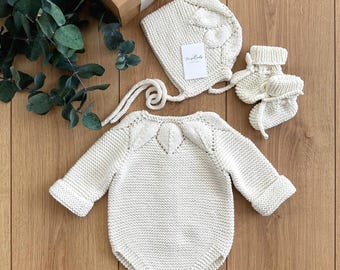 Hand Knitted Organic Cotton Baby Romper Set: Newborn Outfit with Bonnet & Socks