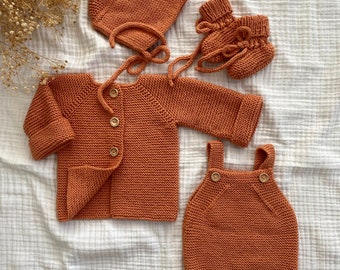Hand Knit Organic Cotton Newborn Outfit: Pumpkin Color Baby Clothes Set