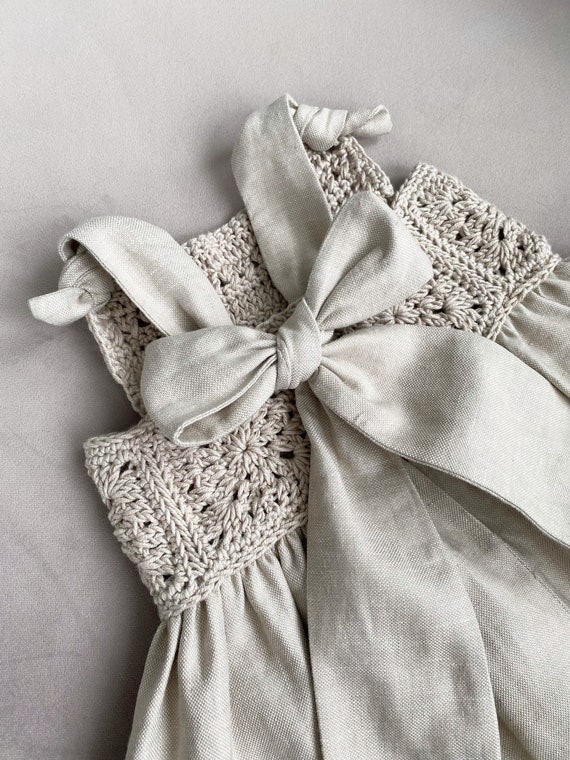 Organic Cotton Crochet Baby Dress: Linen Birthday Outfit - Etsy