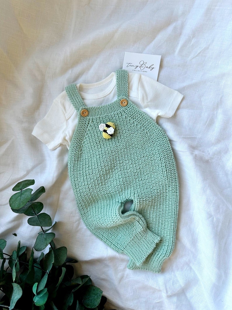 Cuddle and Kind Honey Bear Matching Outfit, Ribbed Overalls with Crochet Bee Detail, Knit Newborn Baby Outfit, Knit Baby Honey Bee Jumpsuit image 1