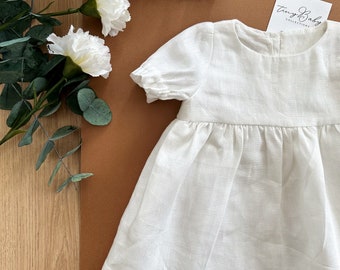 White Linen Baby Girl Dress: Newborn Outfit, Baptism Gown