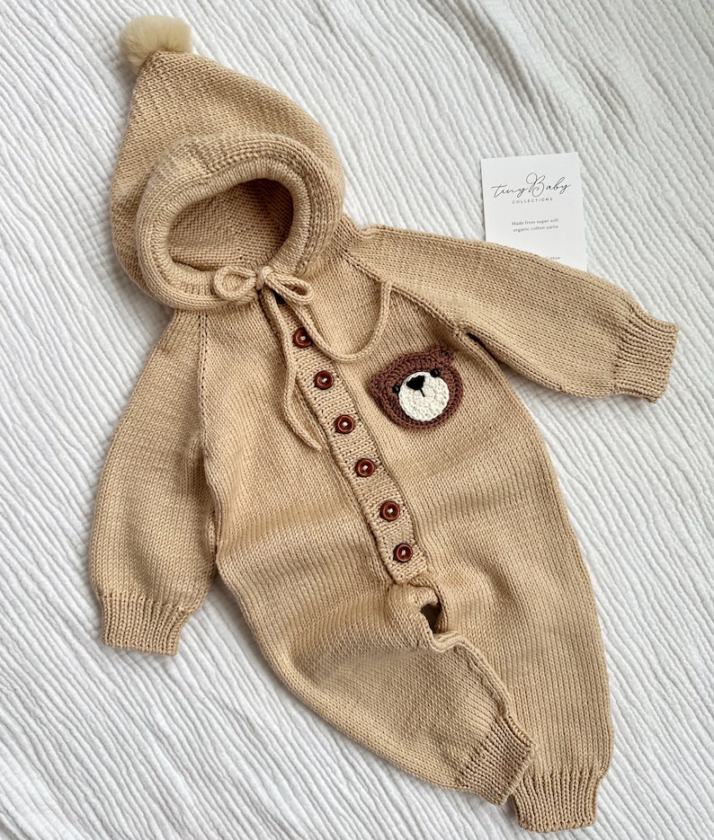 Teddy Bear Baby Romper, Knit Baby Jumpsuit, Knit Newborn Baby Outfit, Coming Home Outfit, Knitted Baby Clothes image 1