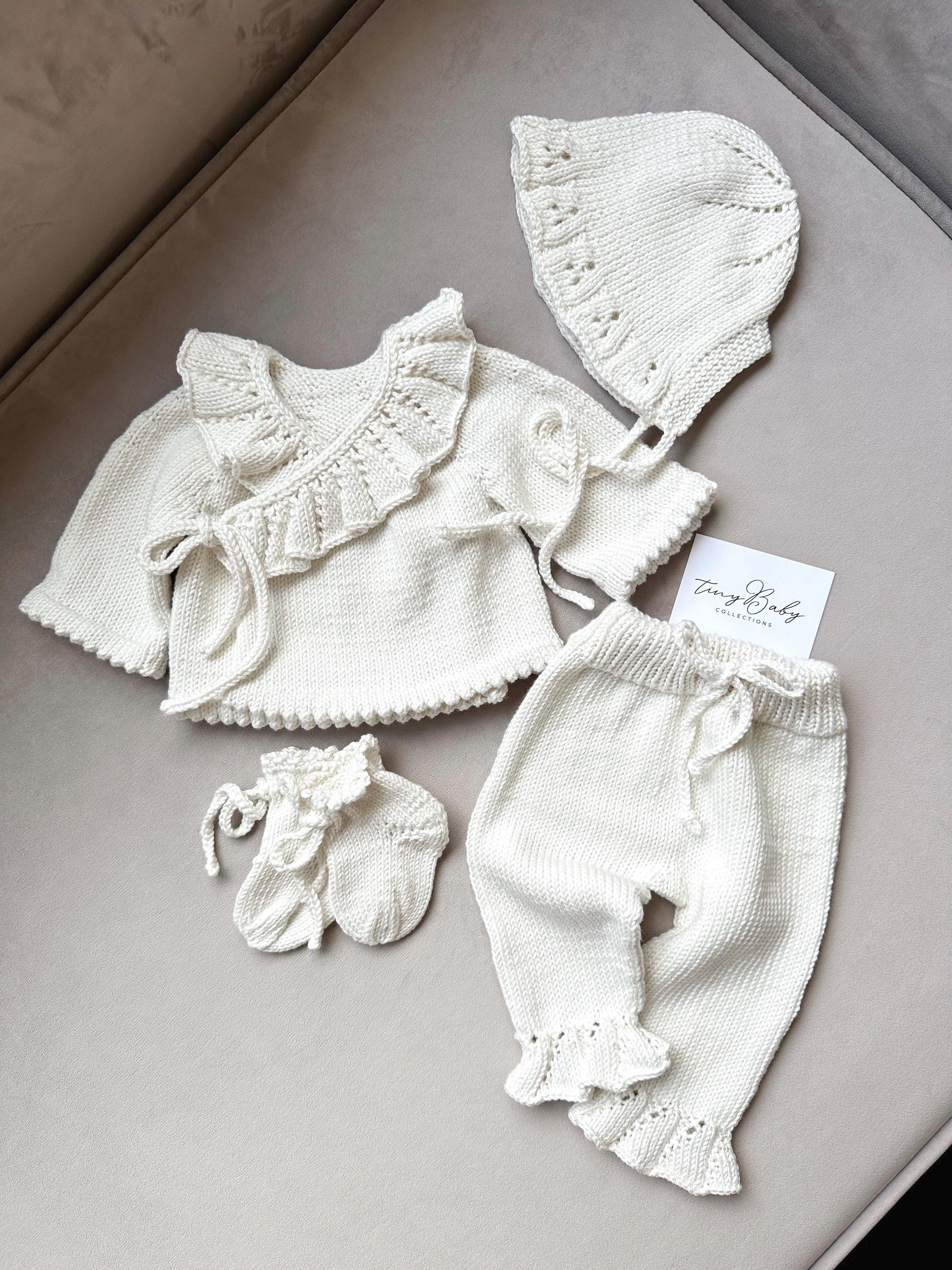 Newborn Baby Girl Coming Home Outfit: Hand Knit Organic Cotton Baby Hospital Set