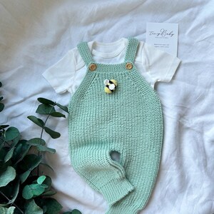 Cuddle and Kind Honey Bear Matching Outfit, Ribbed Overalls with Crochet Bee Detail, Knit Newborn Baby Outfit, Knit Baby Honey Bee Jumpsuit image 6