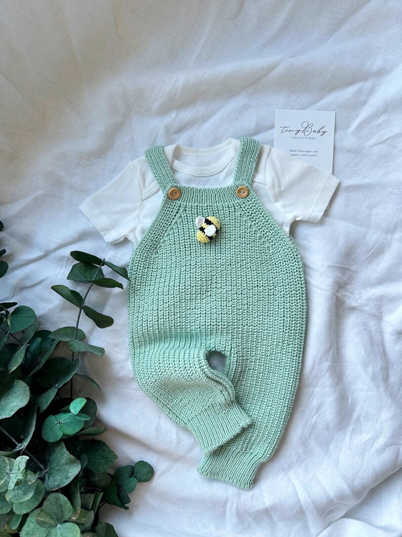 Cuddle and Kind Honey Bear Matching Outfit, Ribbed Overalls with Crochet Bee Detail, Knit Newborn Baby Outfit, Knit Baby Honey Bee Jumpsuit image 6