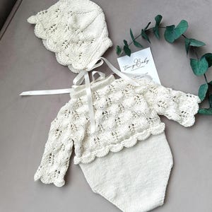 Hand Knit Organic Cotton Baby Romper & Bonnet Set