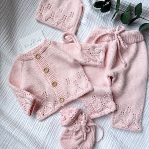Hand Knitted Organic Cotton Baby Outfit: Sweater, Pants, Bonnet & Booties