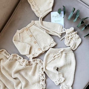 Hand Knit Organic Cotton Baby Outfit Set: Newborn Coming Home Gift
