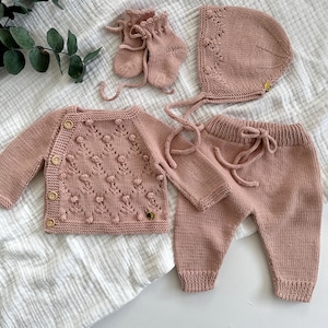 Hand Knit Organic Cotton Baby Outfit: Newborn Homecoming Set