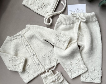 Hand Knit Organic Cotton Newborn Outfit: Baby Coming Home Set