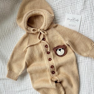 Teddy Bear Baby Romper, Knit Baby Jumpsuit, Knit Newborn Baby Outfit, Coming Home Outfit, Knitted Baby Clothes image 3