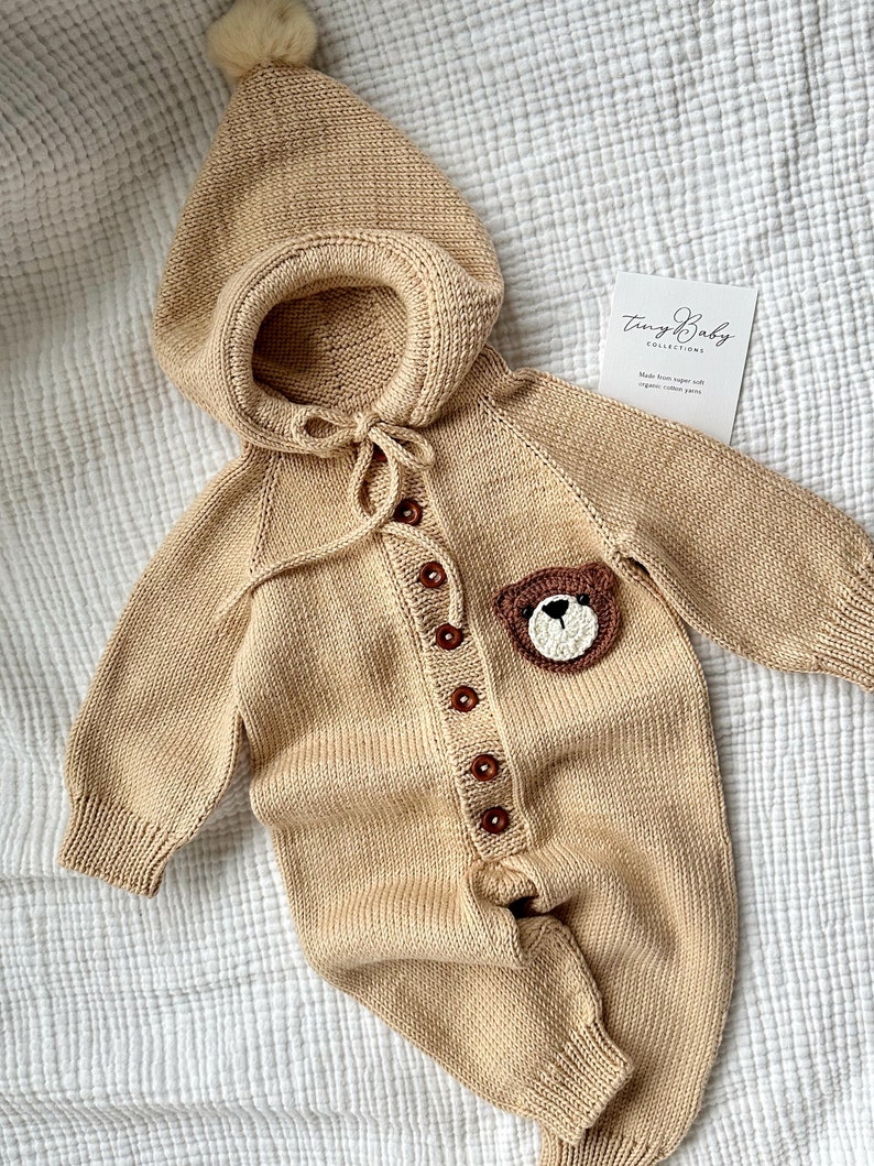 Teddy Bear Baby Romper, Knit Baby Jumpsuit, Knit Newborn Baby Outfit, Coming Home Outfit, Knitted Baby Clothes image 3