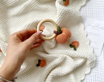 Knit Baby Blanket, Embroidery Gift for Baby Shower, Little Peach Patterned Baby Blanket with Baby Teether, New Baby Gift, Baby Shower Gift