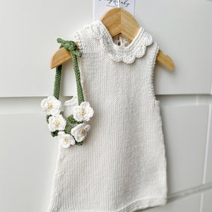 Hand Knit Organic Cotton Baby Dress: Daisy Headband, Cuddle and Kind Doll Outfit