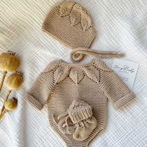 Newborn Knit Outfit, Knit Baby Romper & Bonnet and Booties , Knit Baby Clothes, Newborn Baby Coming Home Outfit, Newborn Photography Prop