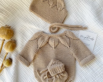 Handgestrickte Bio Baumwolle Neugeborenen Outfit, Baby Strampler, Mütze & Booties
