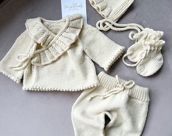 Hand Knitted Organic Cotton Baby Outfit: Newborn Baby Girl Homecoming Set