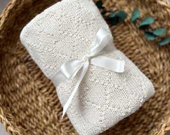 Hand Knitted Organic Cotton Baby Blanket, Christening, Baby Shower Gift