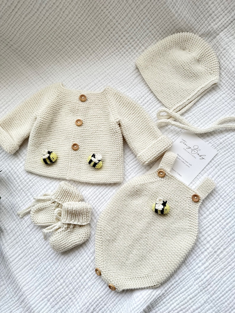 Strick Neugeborenen Outfit, Honey Bee Strick Baby Outfit, Neugeborenen Baby Coming Home Outfit, gestrickte Babykleidung, Bio-Baumwolle Baby Outfit Bild 6