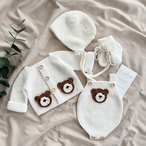 Teddy Bear Romper Set, Newborn Baby Coming Home Outfit, Knitted Newborn Clothes, Coming Home Baby Clothes, Knitted Baby Hospital Outfit