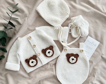 Teddy Bear Knitted Baby Outfit | Newborn Baby Coming Home Outfit |  Knit Newborn Outfit| Knitted Baby Clothes | Organic Baby Clothes