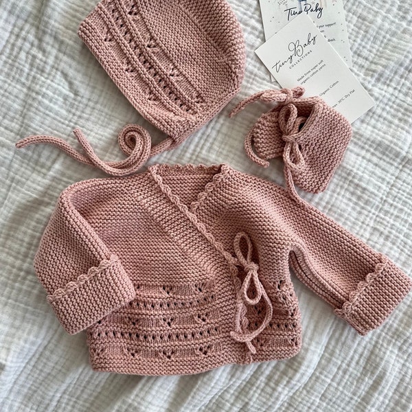 Baby Girl Coming Home Outfit,Knit Newborn Hospital Outfit, Blush Pink Knit Baby Sweater, Organic Cotton Baby Clothes, New Baby Gift