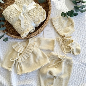 Hand Knitted Organic Cotton Baby Outfit Set with Blanket