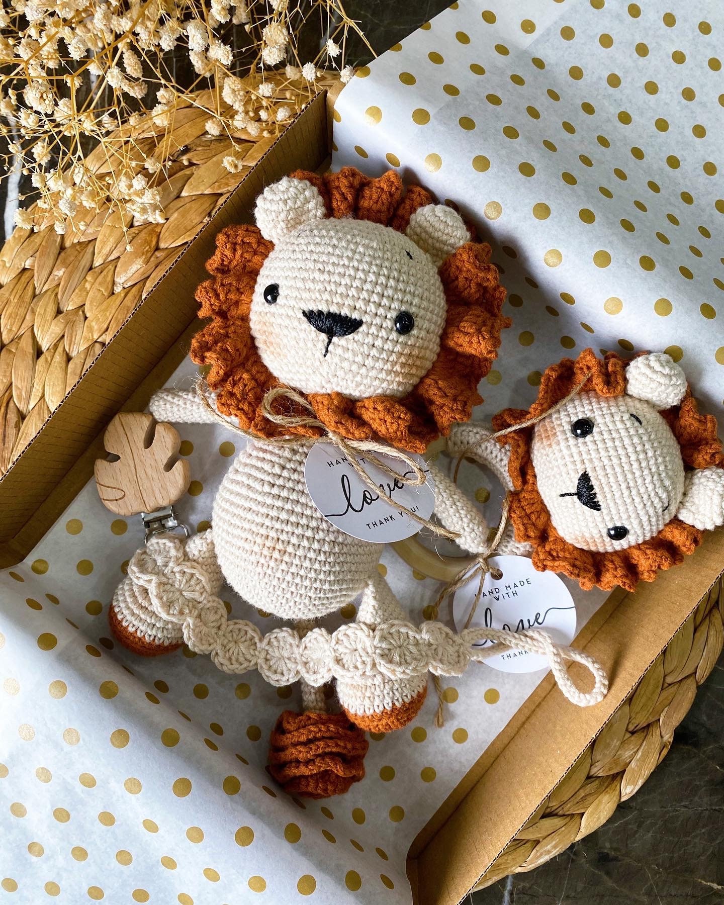 Personalized Lion Baby Gift Set, Organic Cotton Crochet Toys