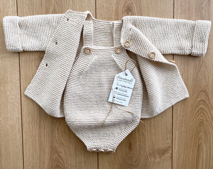 Knitted Baby Romper and Cardigan set, Knitted Baby Clothes, Cotton Knit Baby Outfit- Hand Knitted Baby Clothes- Knit Baby Set