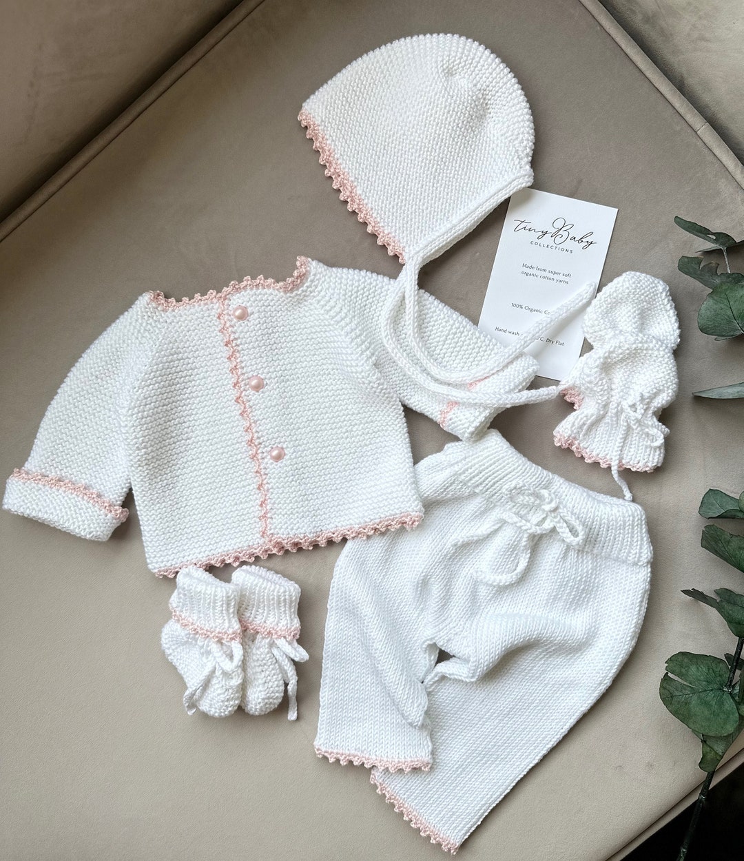 Hand Knit Organic Cotton Newborn Outfit: White Baby Coming Home