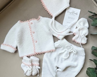 Newborn Knit Outfit, Baby Coming Home Outfit, White Knit Baby Outfit, Organic Cotton Baby Clothes, Baby Girl Outfit