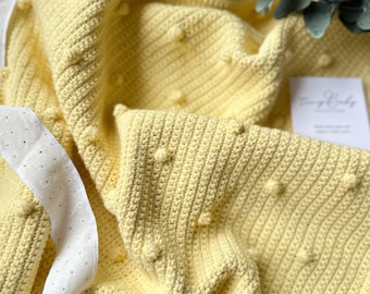 Handgemachte Gelbe Häkeldecke: Popcorn gestrickt, Geschenk zur Geburt