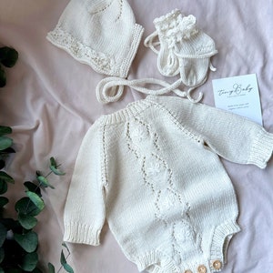 White Knit Baby Romper and Bonnet Set: Organic Cotton Outfit