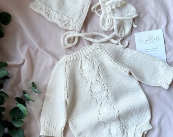 White Knit Baby Romper and Bonnet Set, Knit Baby Girl Outfit, Baby Girl Clothes, Newborn Knit Outfit