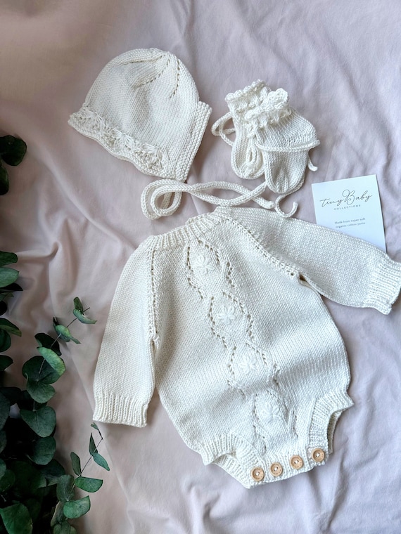 White Knit Baby Romper and Bonnet Set: Organic Cotton Newborn