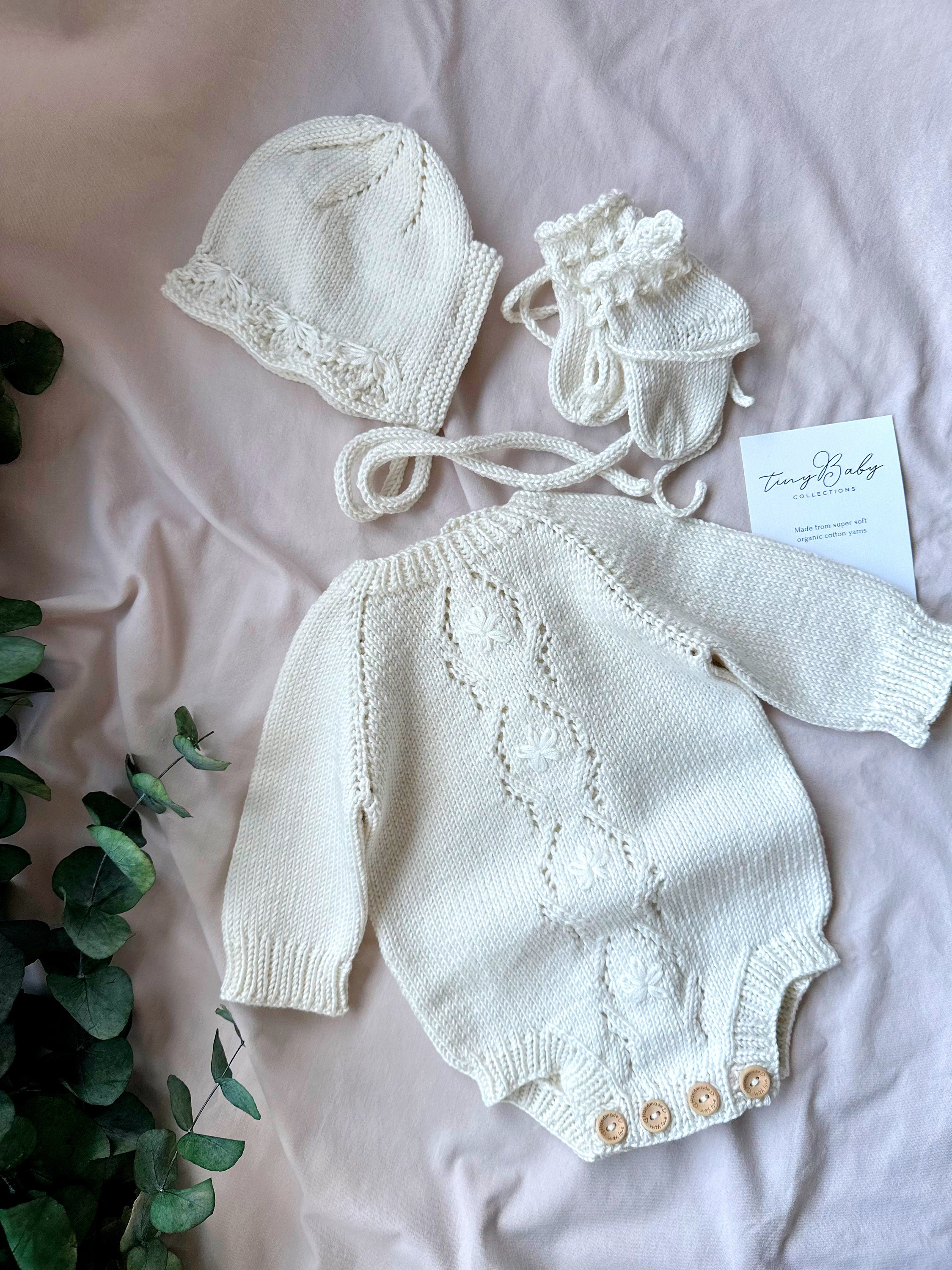 White Knit Baby Romper and Bonnet Set, Knit Baby Girl Outfit