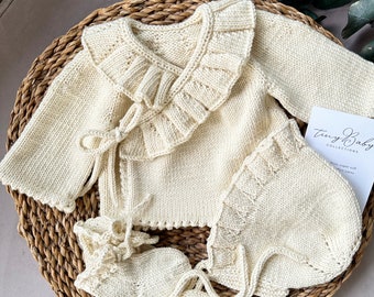 Knit Newborn Baby Girl Outfit, Knit Baby Outfit, 3 Piece Baby Outfit, Knit Baby Girl Clothes, Organic Baby Clothes