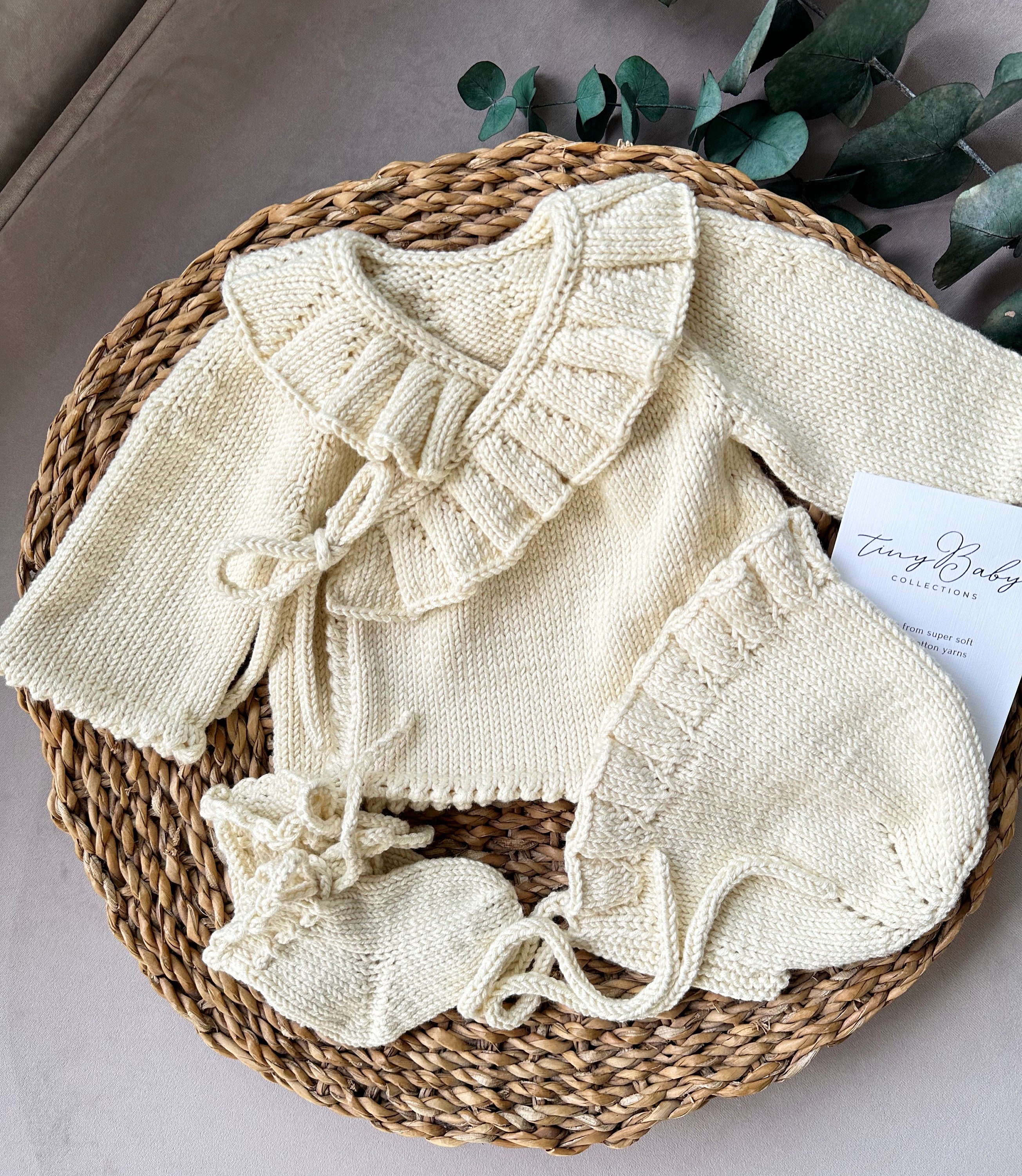 Hand Knit Organic Cotton Baby Outfit: Sweater, Bonnet & Socks