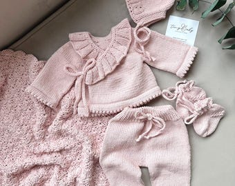 Hand Knit Newborn Coming Home Outfit with Blanket: Organic Cotton Baby Girl Knit Set