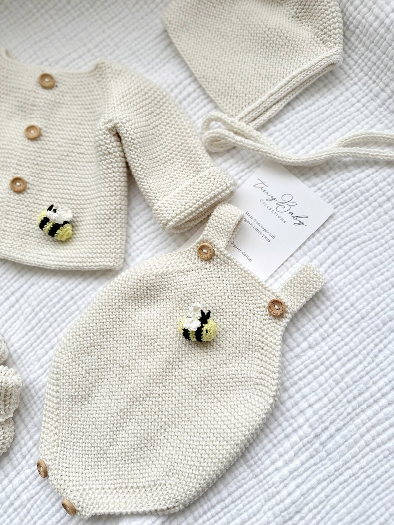 Strick Neugeborenen Outfit, Honey Bee Strick Baby Outfit, Neugeborenen Baby Coming Home Outfit, gestrickte Babykleidung, Bio-Baumwolle Baby Outfit Bild 8