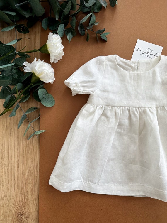 White Linen Baby Girl Dress: Newborn Outfit, Baptism Gown - Etsy