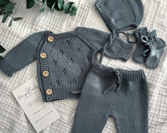 Hand Knitted Organic Cotton Baby Outfit: Sweater, Pants, Bonnet & Booties